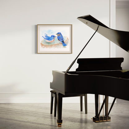 A Pair of Bluebirds at the Bird Bath - Art Print