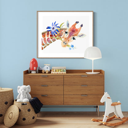 Cute Giraffe with Blue Flowers - Art Print