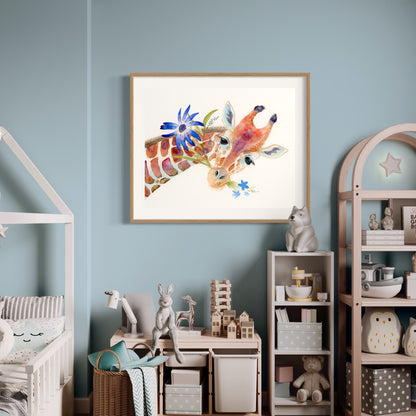 Cute Giraffe with Blue Flowers - Art Print