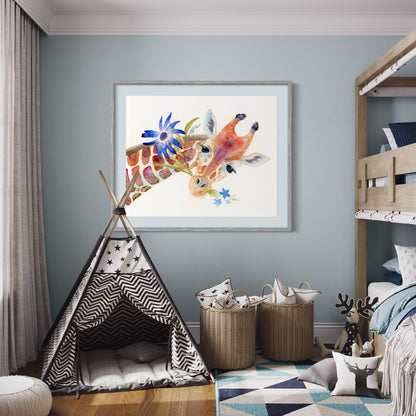 Cute Giraffe with Blue Flowers - Art Print