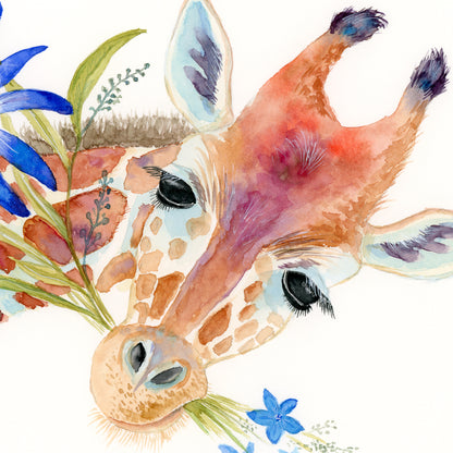 Cute Giraffe with Blue Flowers - Art Print
