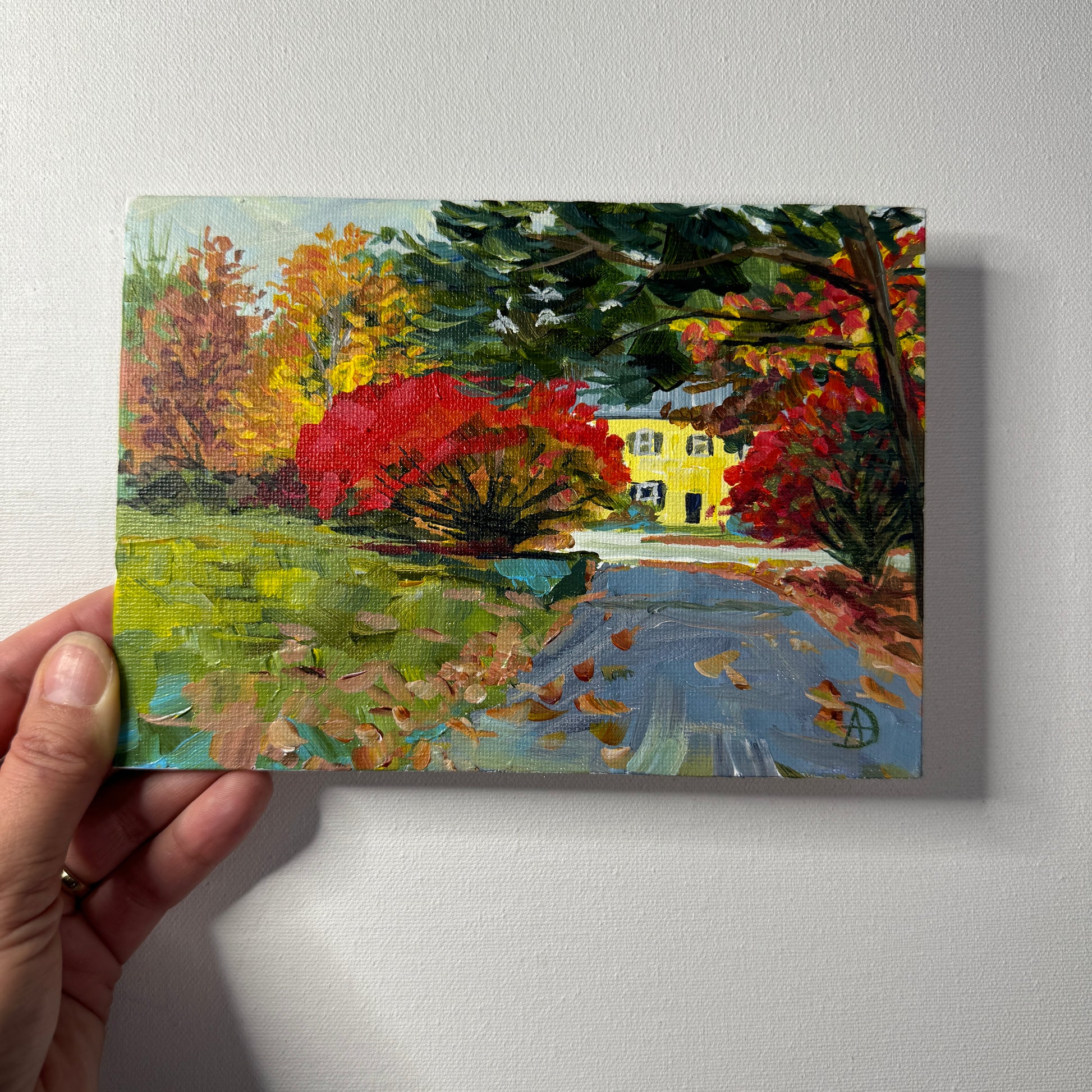 Fall landscape called "Burning Bush" by Andreea Dumez. This is a small 5x7 inches original painting. 