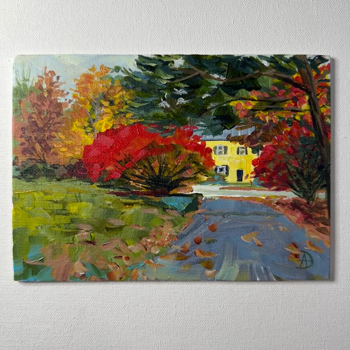 Fall landscape called "Burning Bush" by Andreea Dumez. This is a small 5x7 inches original painting. 
