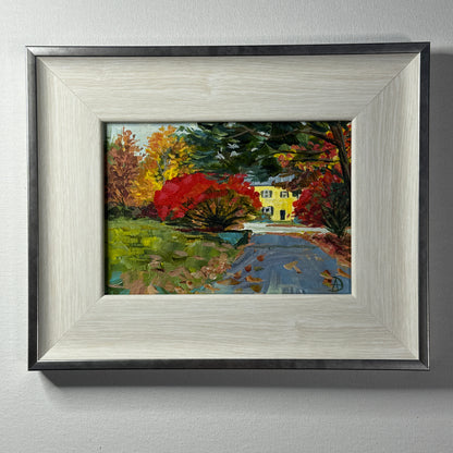Framed fall landscape called "Burning Bush" by Andreea Dumez. This is a small 5x7 inches original painting. 