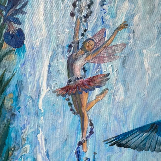 Painting of a fairy with pink wings and a blue dress against a light blue background.