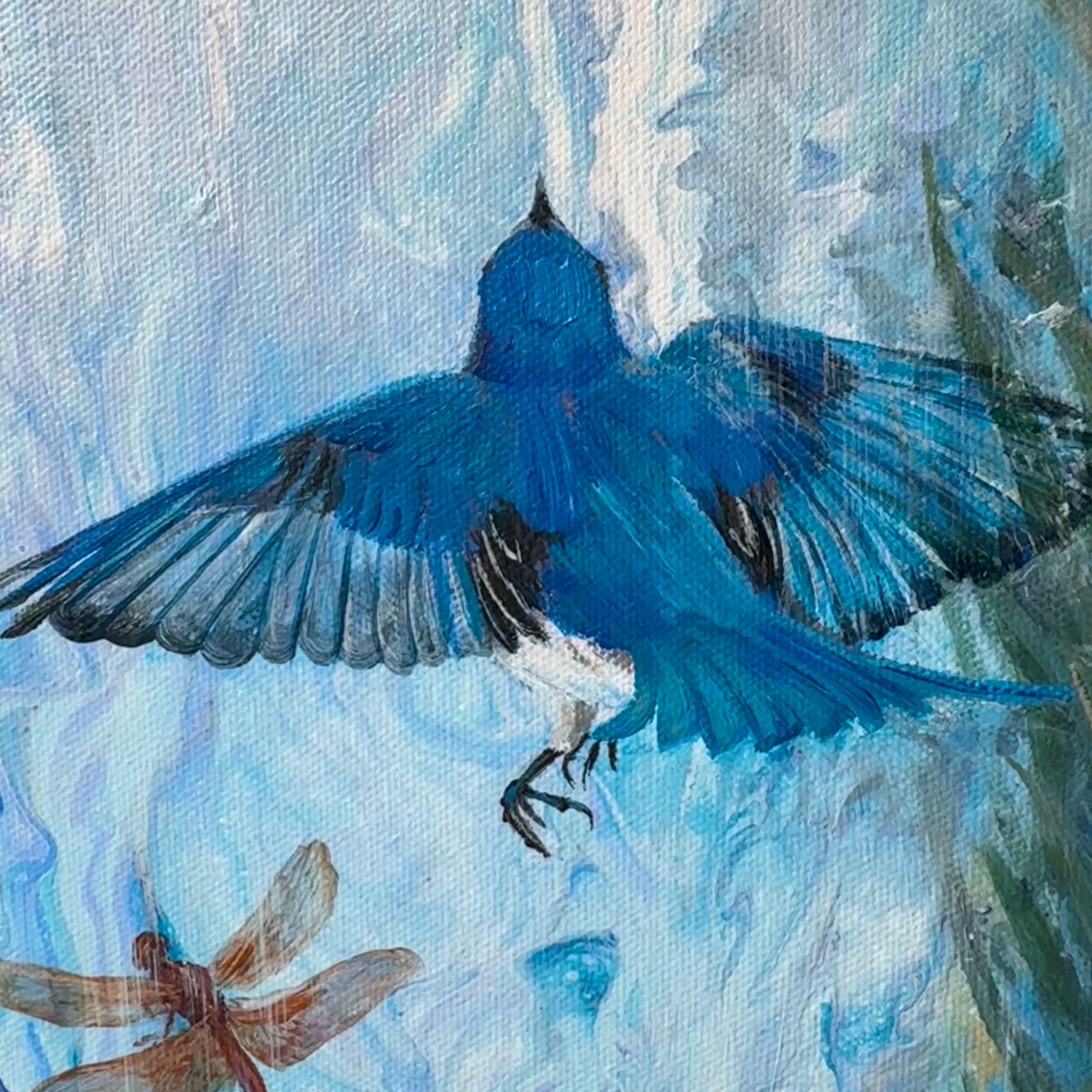 Painting of a blue bird with a dragonfly on a textured light blue background