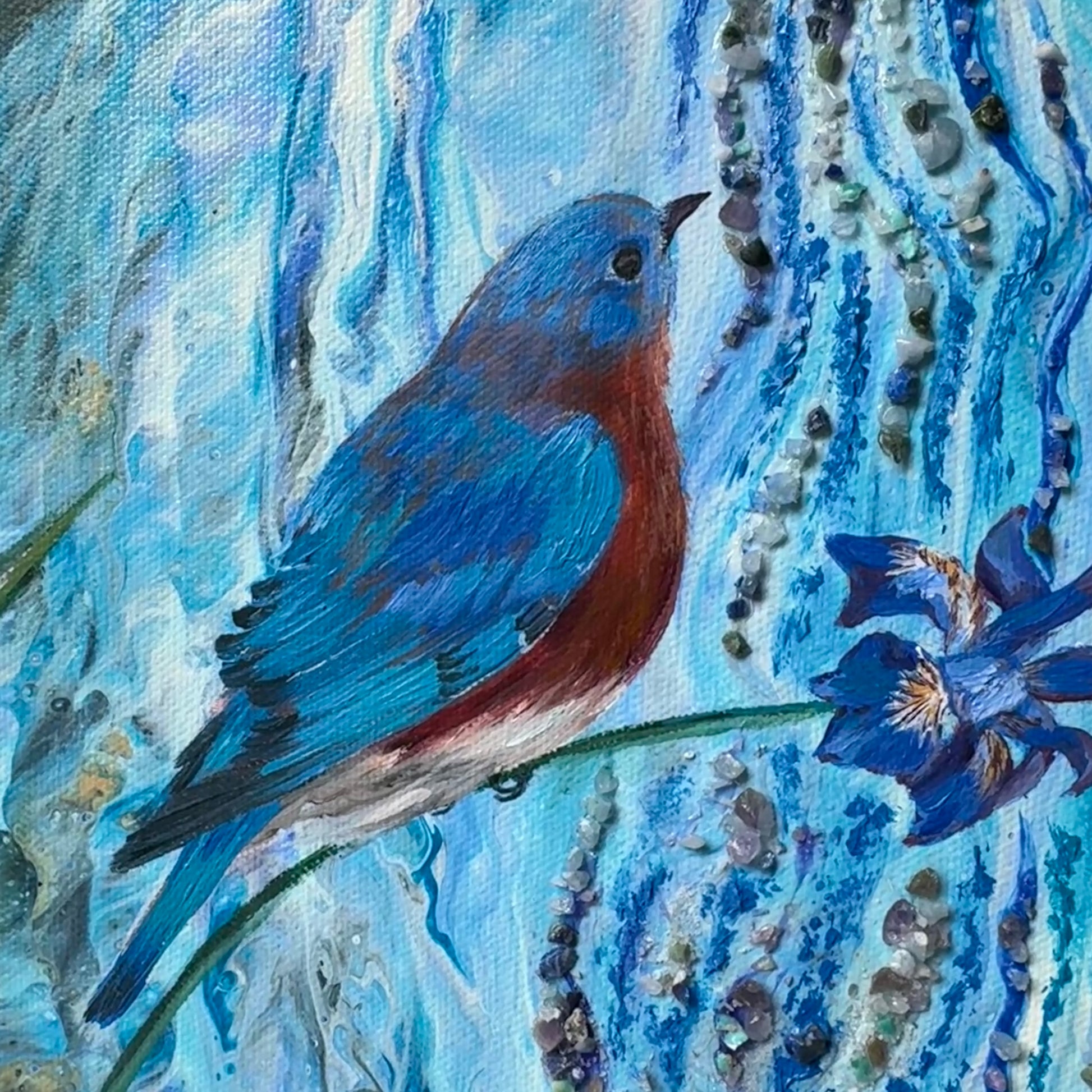 Painting of a bluebird perched on a branch with flowers in the background