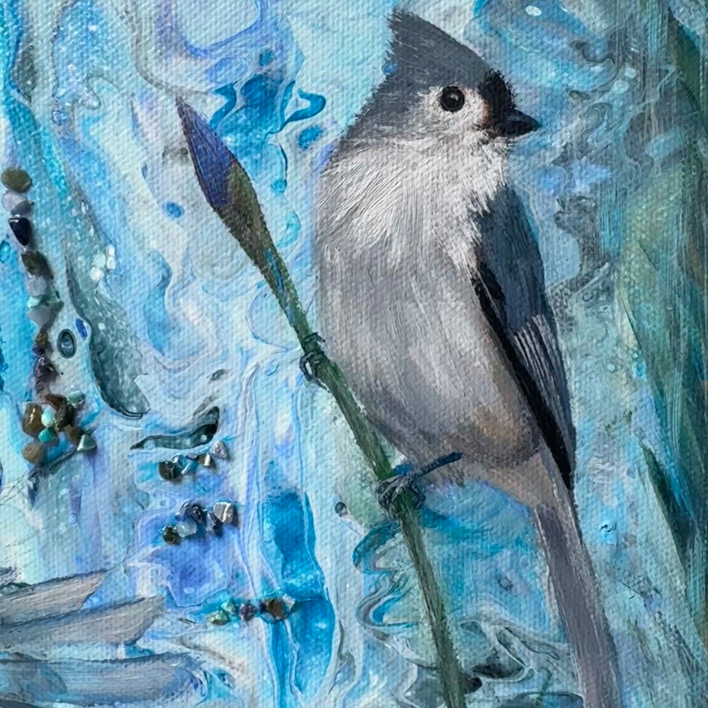 Painting of a titmouse bird perched on a branch with a blue and gray abstract background