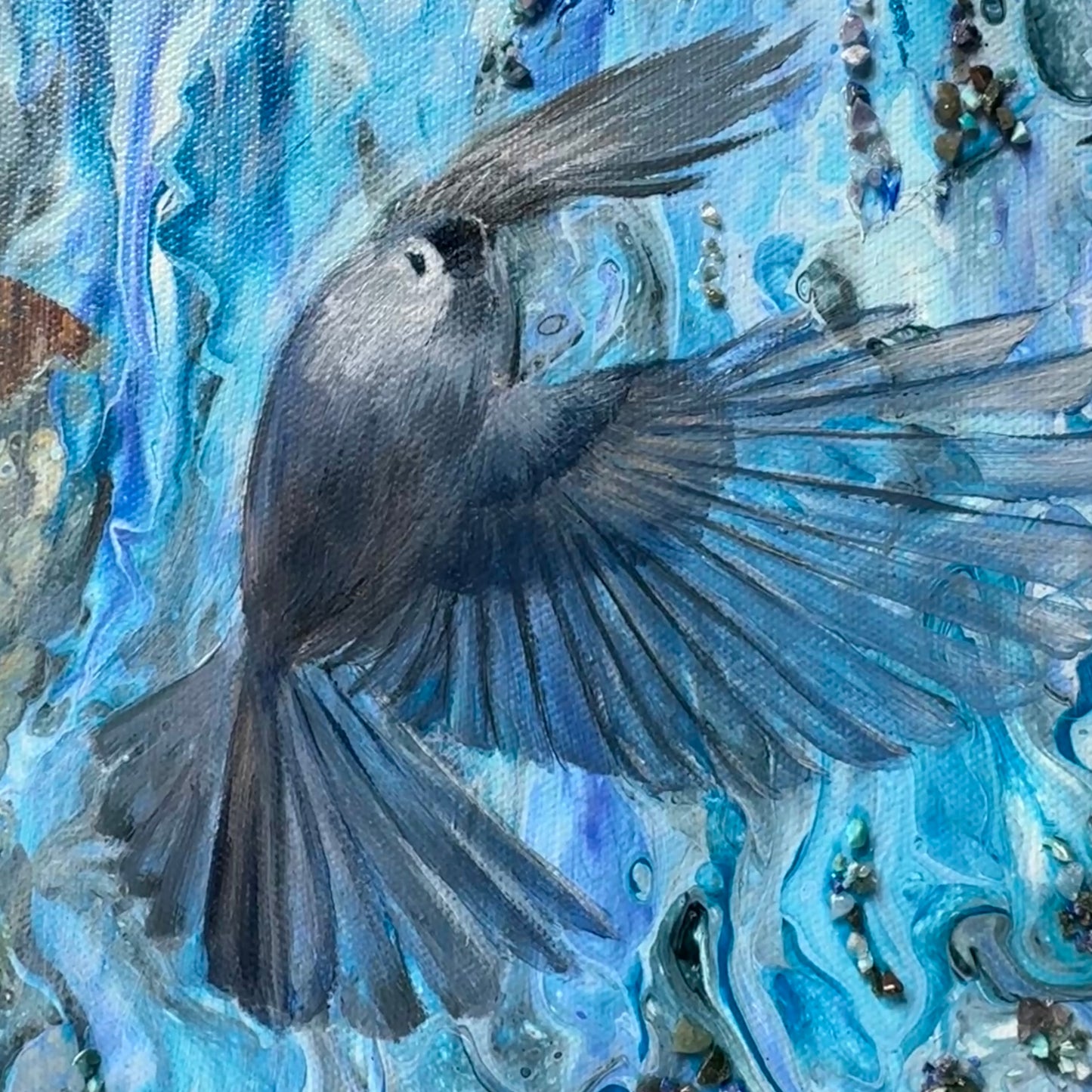 Artistic depiction of a titmouse bird in flight with a blue and gray background