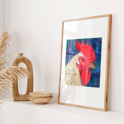 Squinting Rooster portrait called "Inner Critic"