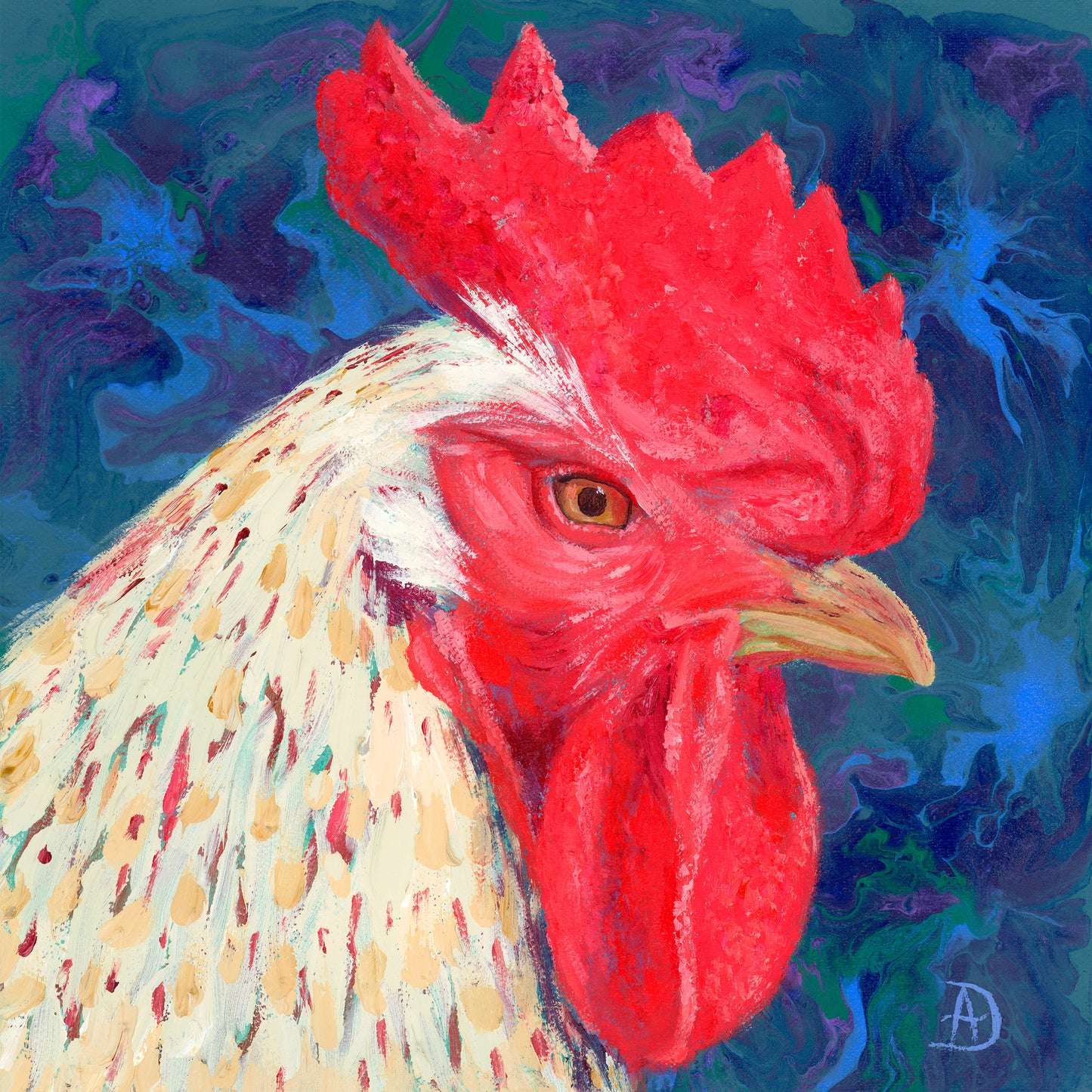 Squinting Rooster portrait called "Inner Critic"