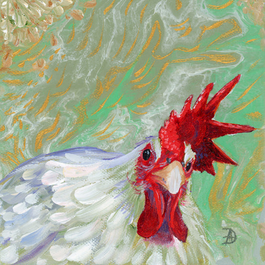 White chicken/rooster facing forward, with an angry look. Art print of an original acrylic painting. 