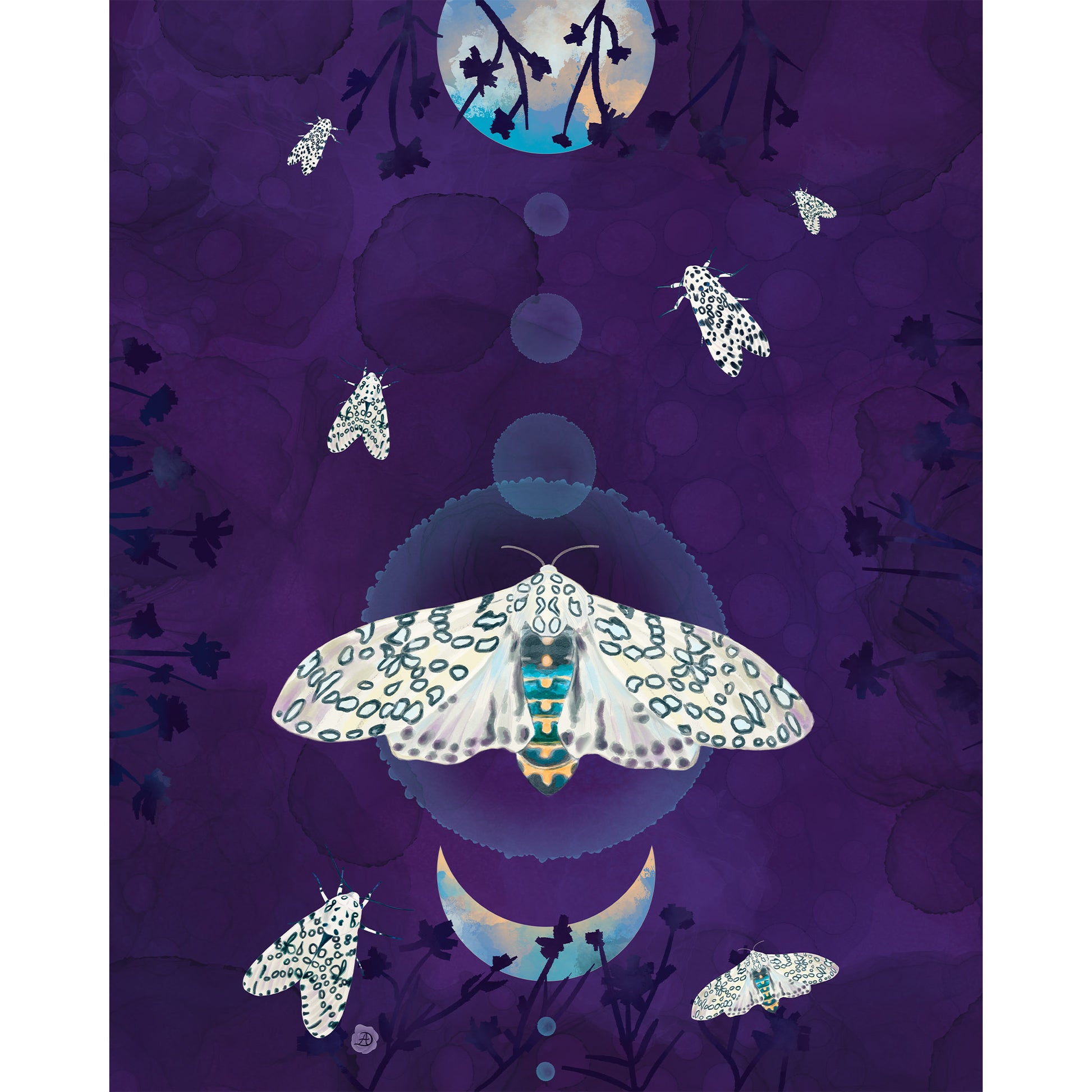 A stylized purple artwork featuring a large white moth with blue patterned wings, surrounded by smaller moths, dark silhouetted branches, circular bubbles, and a crescent moon.