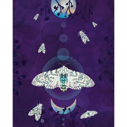 A stylized purple artwork featuring a large white moth with blue patterned wings, surrounded by smaller moths, dark silhouetted branches, circular bubbles, and a crescent moon.
