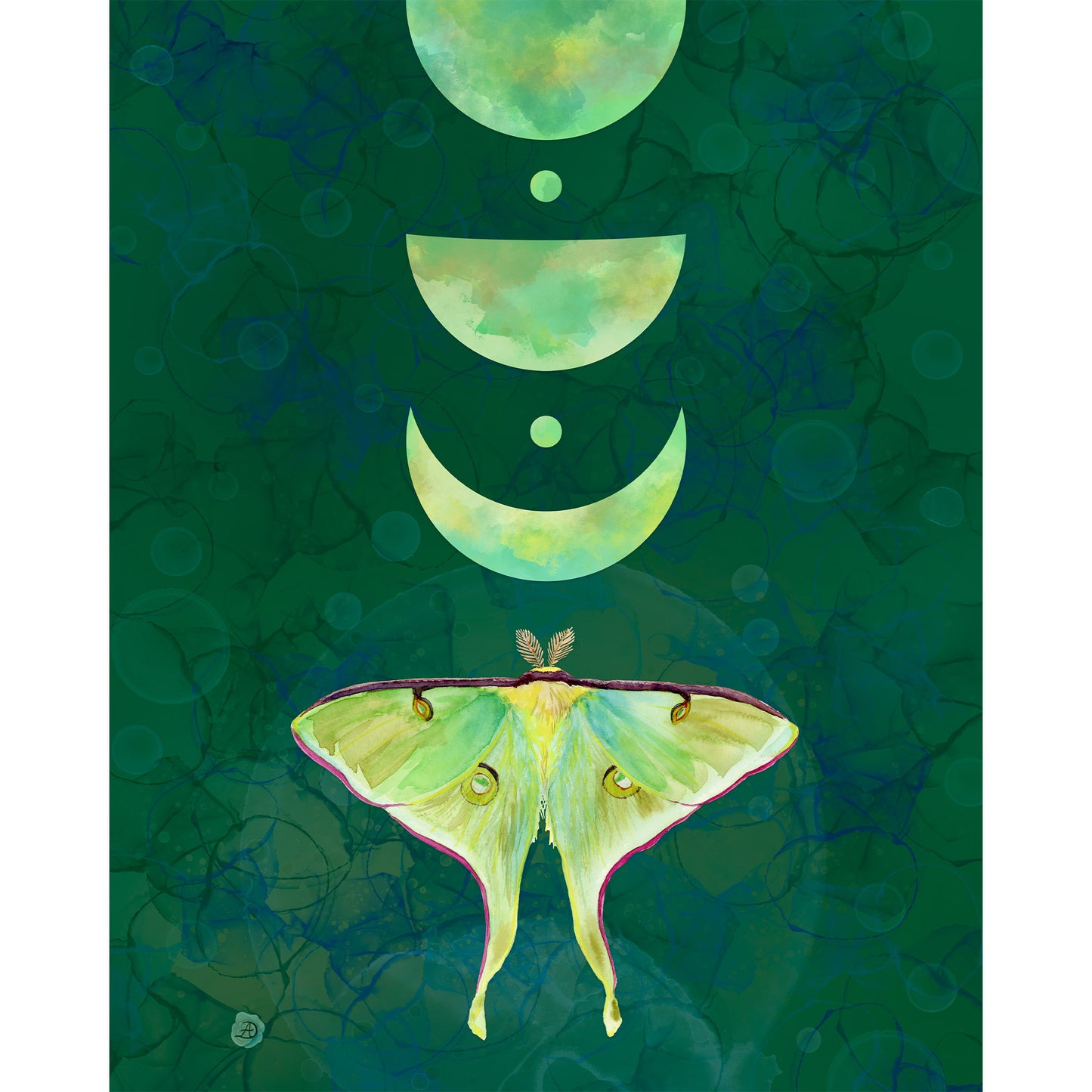 Luna moth on an abstract green background, and crescent moons. 