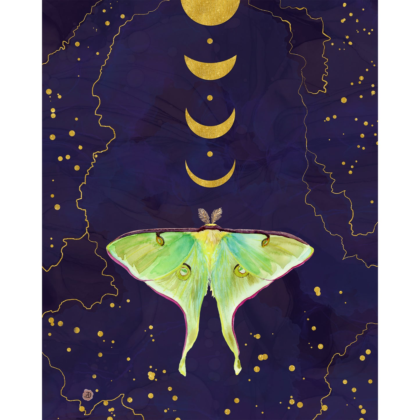 Art print featuring a large green and yellow Luna moth against a dark purple background with gold moon phases, gold stars, and gold wavy lines.