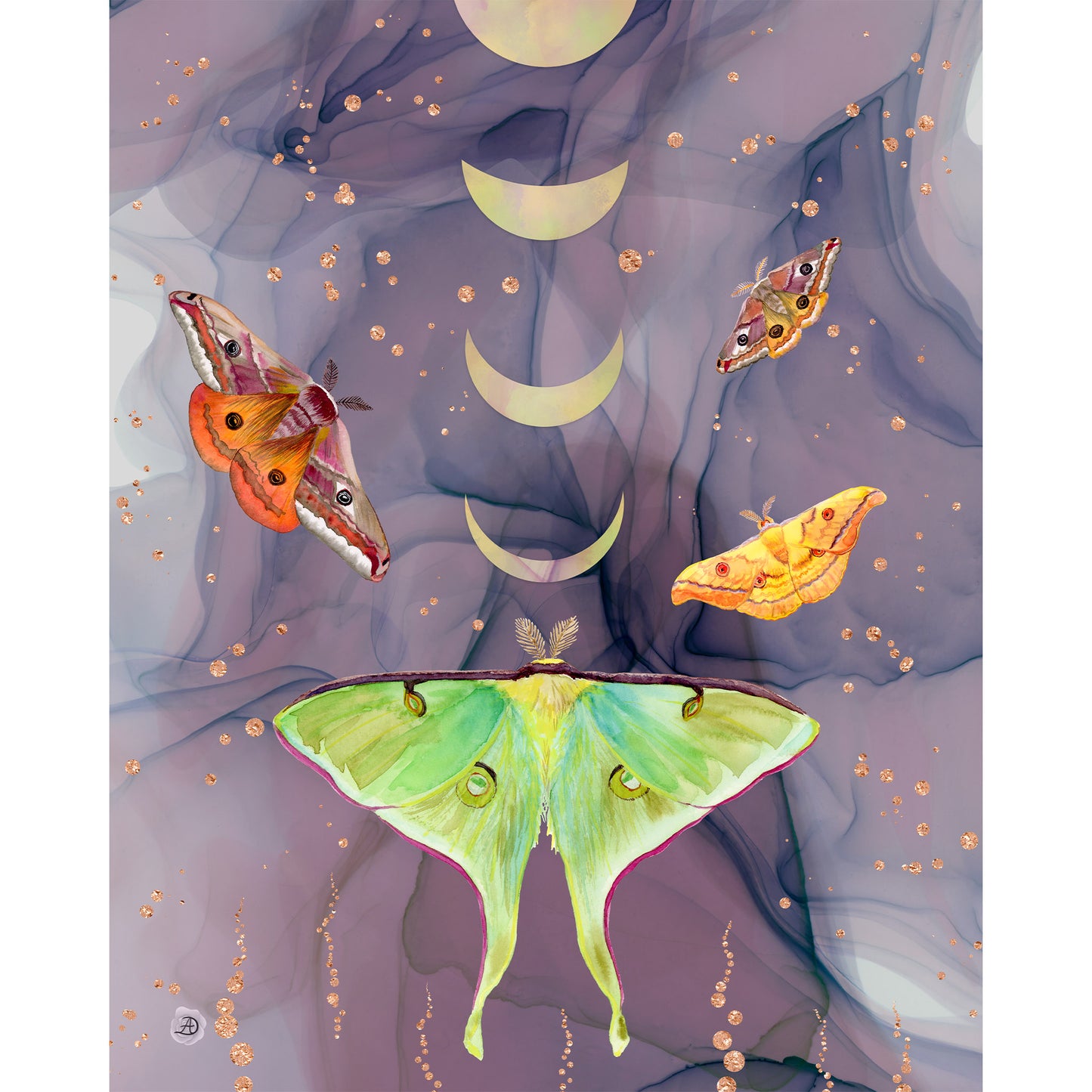 A surreal art print featuring four detailed moth illustrations (luna moth, emperor moths, silk moth) over a purple and lavender marbled background with gold moon phases and gold speckles.
