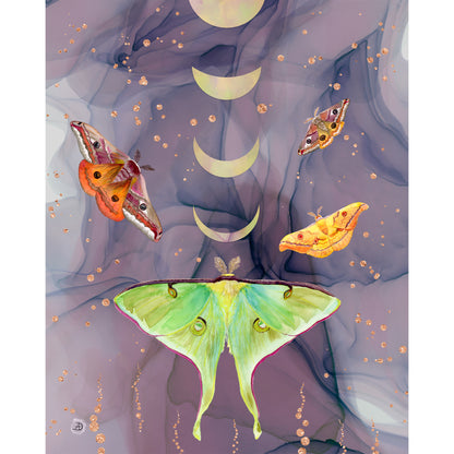 A surreal art print featuring four detailed moth illustrations (luna moth, emperor moths, silk moth) over a purple and lavender marbled background with gold moon phases and gold speckles.