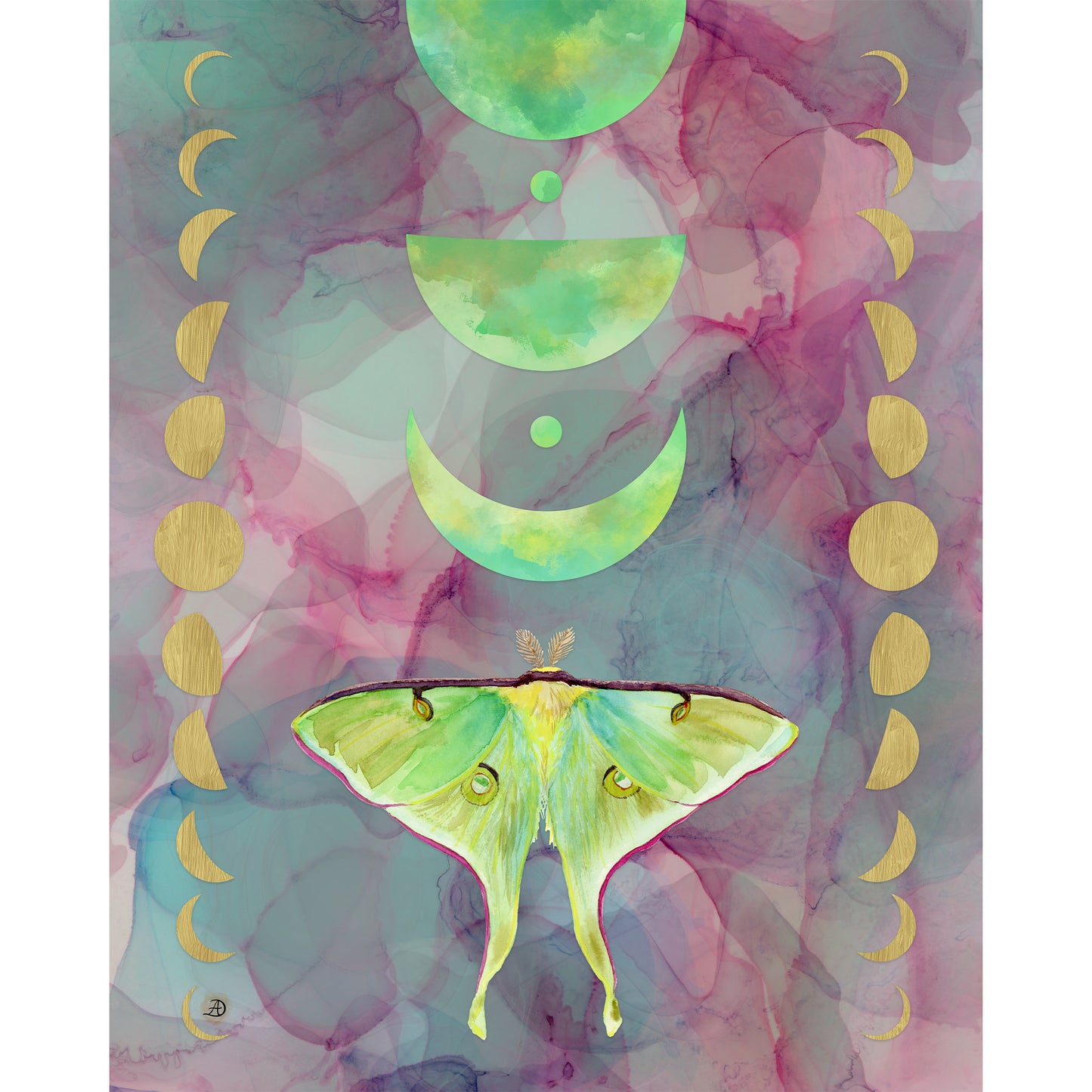 A vertical art print featuring a green luna moth centered below stacked green moon phases, set against a watercolor background of teal, pink, and purple with gold moon disc accents along the sides.