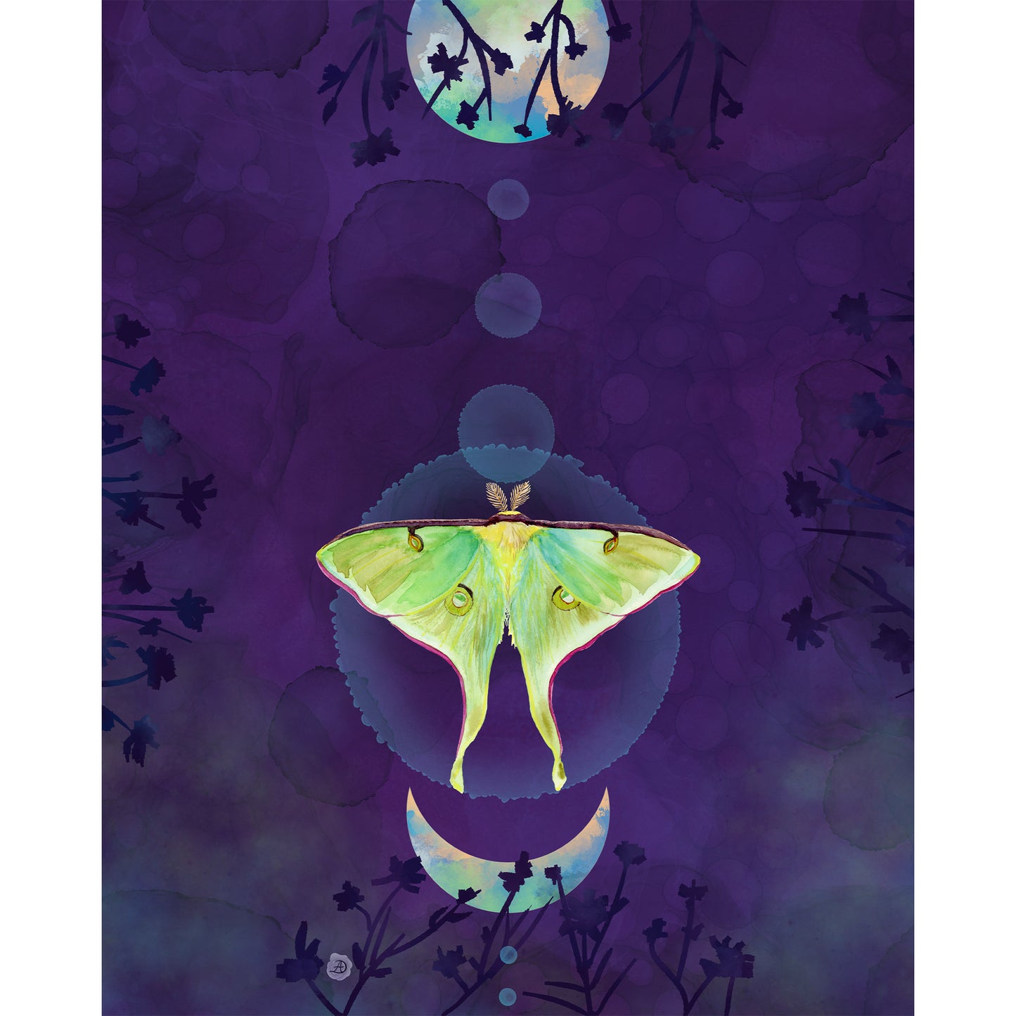 A surreal art print featuring a luminous green luna moth centered against a deep purple background with moon phases, floating bubbles, and dark botanical silhouettes.