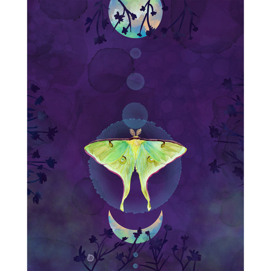 A surreal art print featuring a luminous green luna moth centered against a deep purple background with moon phases, floating bubbles, and dark botanical silhouettes.