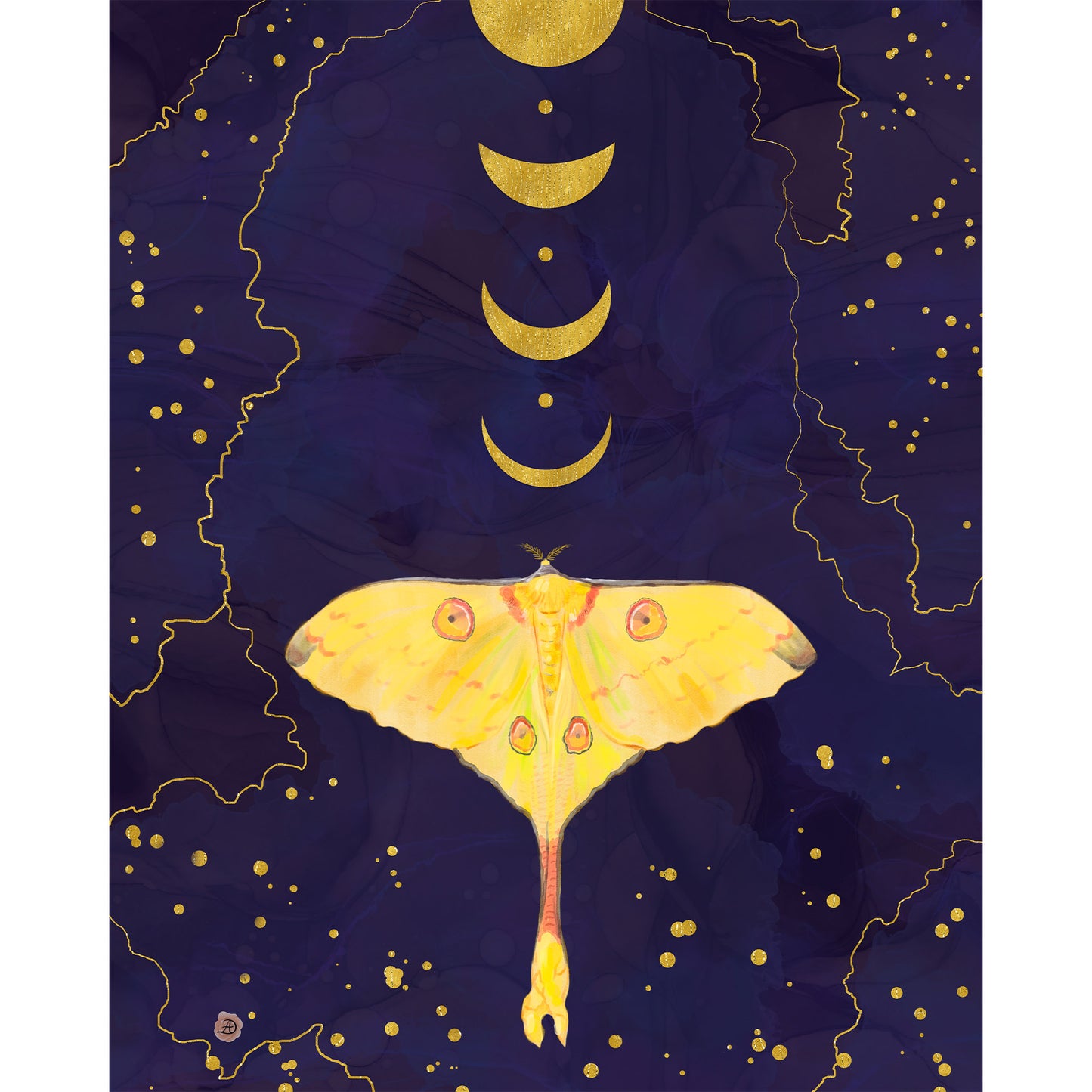 A rectangular art print featuring a large yellow Moon moth centered against a dark navy background with gold moon phases, gold stars, and gold abstract line details.