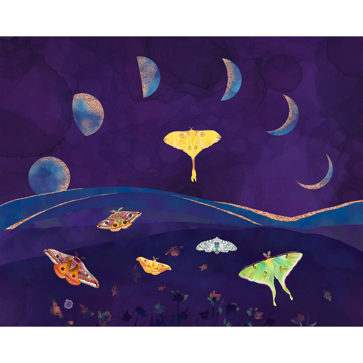 Magical Moths in the Moonlit Meadow - Art Print