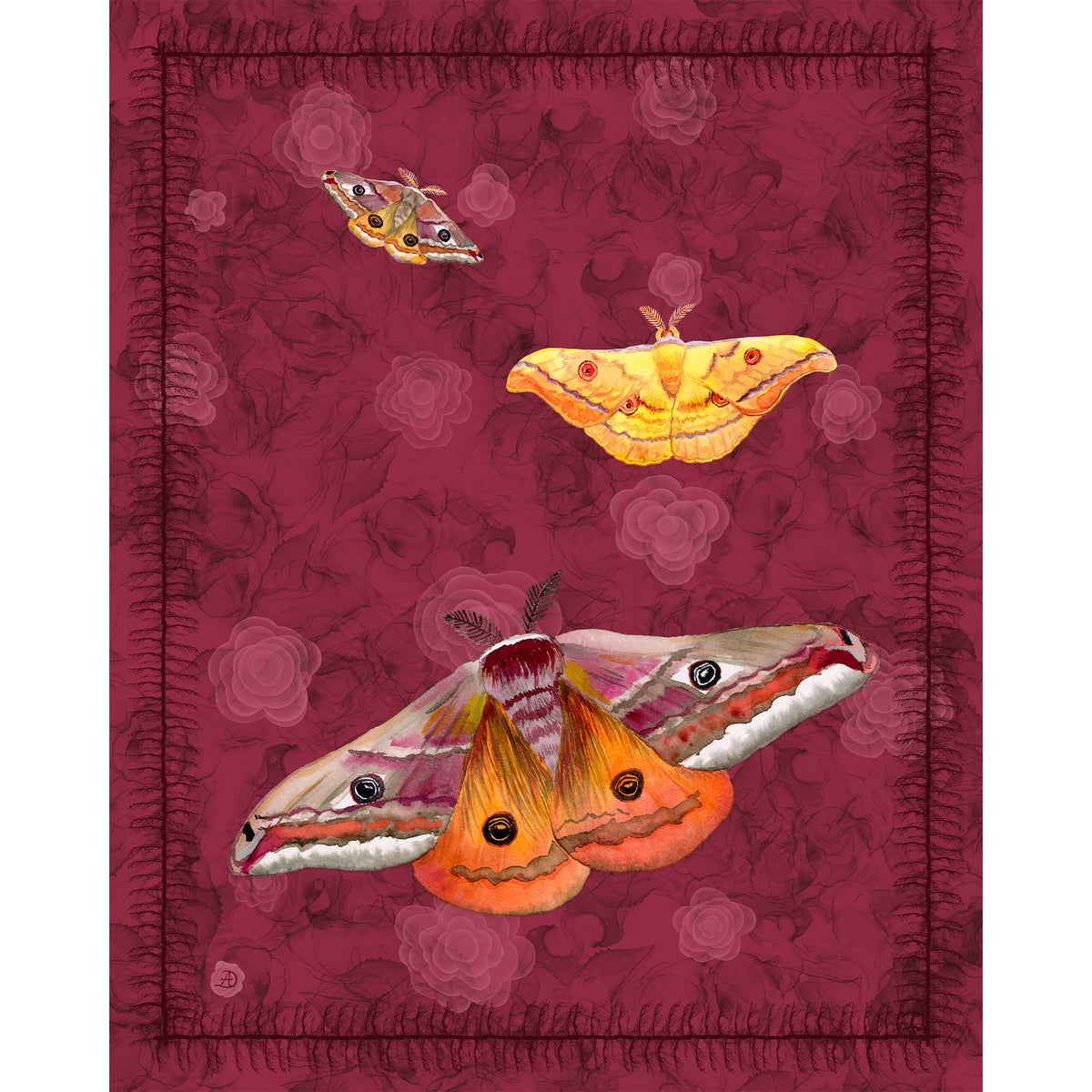A rectangular art print featuring three illustrated moths on a deep burgundy background with a subtle floral pattern and stitched border.