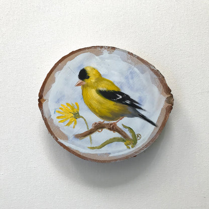 American goldfinch - yellow bird acrylic painting on wood, by Andreea Dumez