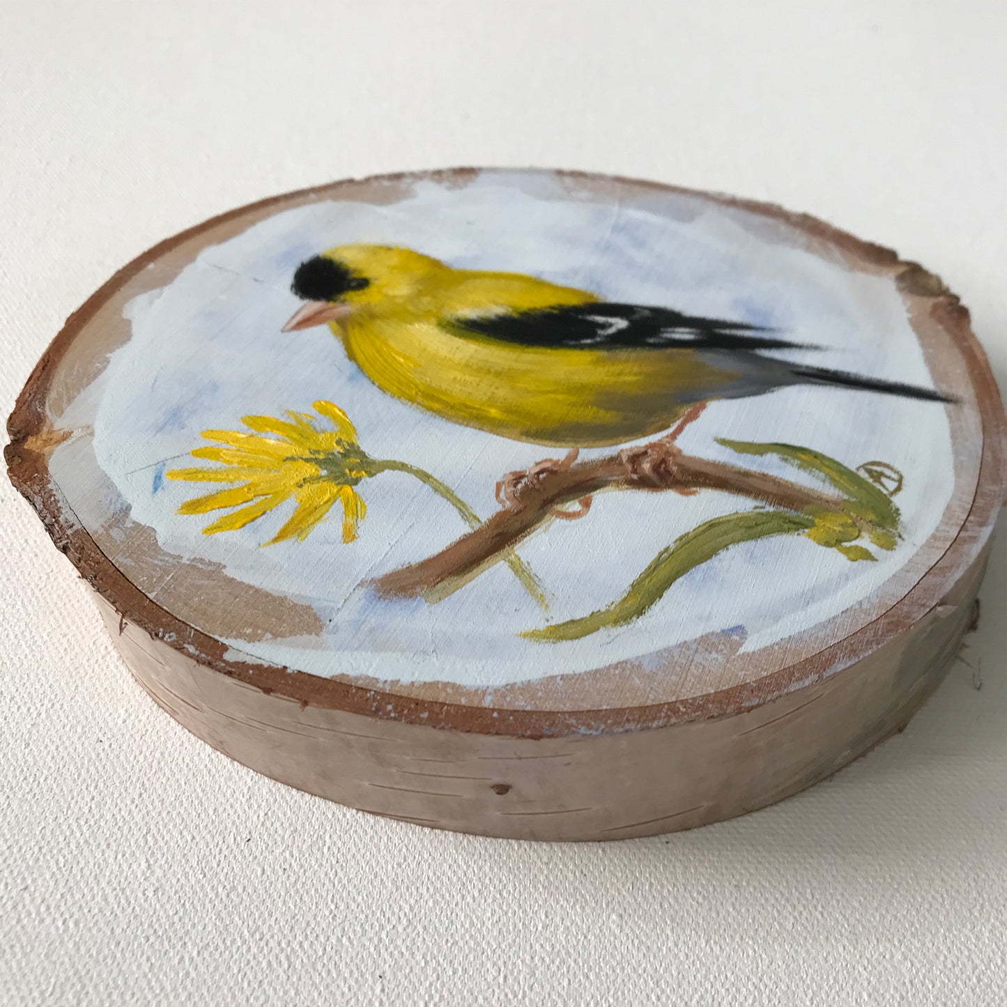 Detail of the American goldfinch - yellow bird acrylic painting on wood, by Andreea Dumez