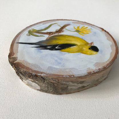 Detail of the American goldfinch - yellow bird acrylic painting on wood, by Andreea Dumez