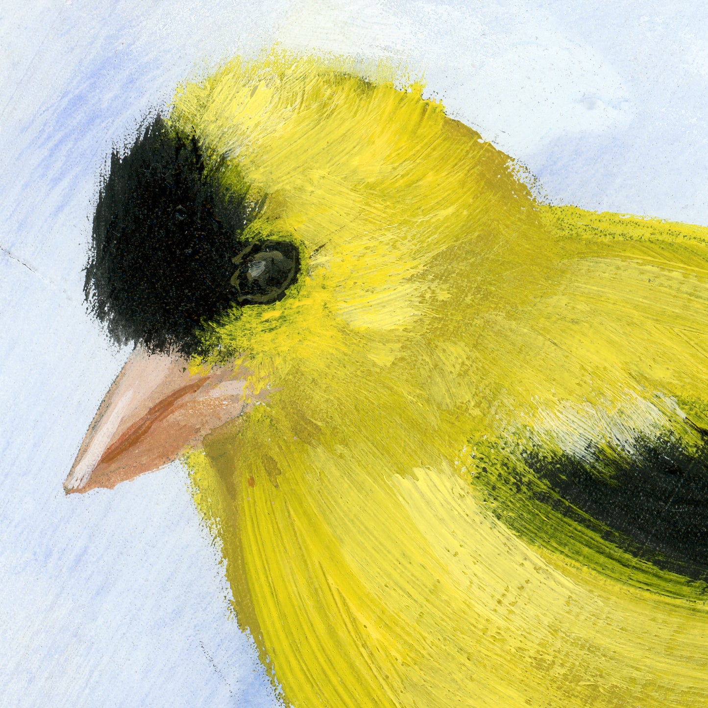 Detail of the American goldfinch - yellow bird acrylic painting on wood, by Andreea Dumez