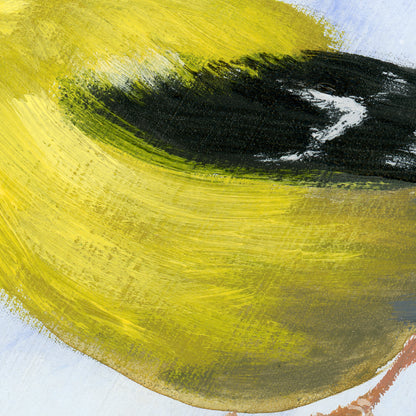 Detail of the American goldfinch - yellow bird acrylic painting on wood, by Andreea Dumez
