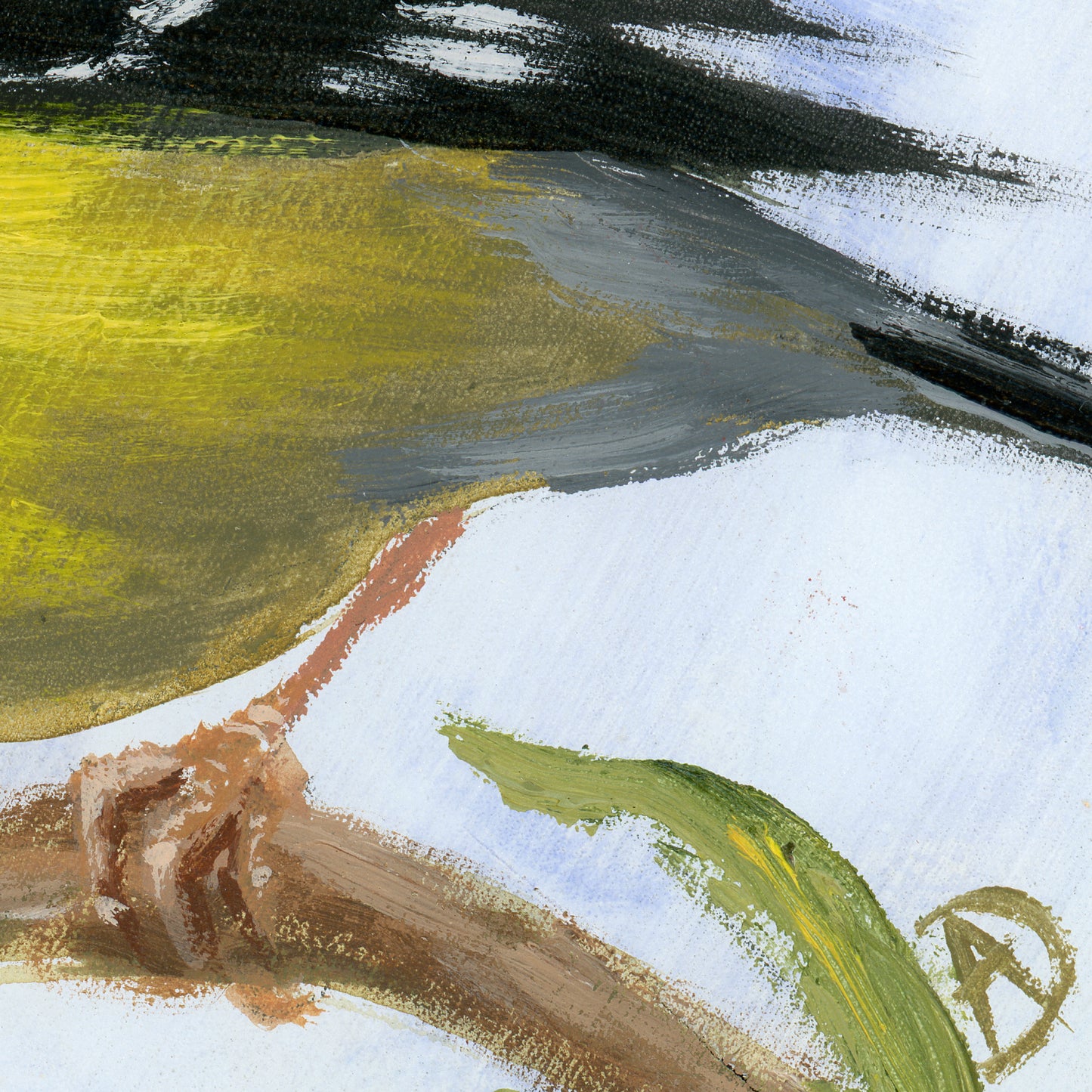 Detail of the American goldfinch - yellow bird acrylic painting on wood, by Andreea Dumez