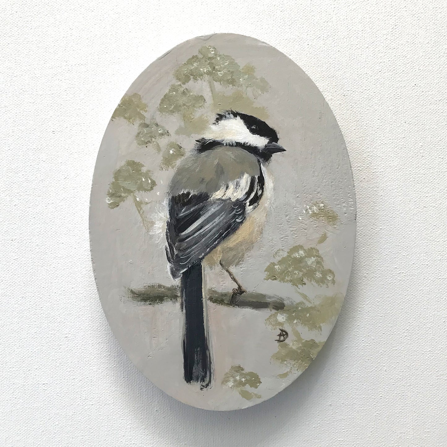 Chickadee acrylic painting on wood, by Andreea Dumez
