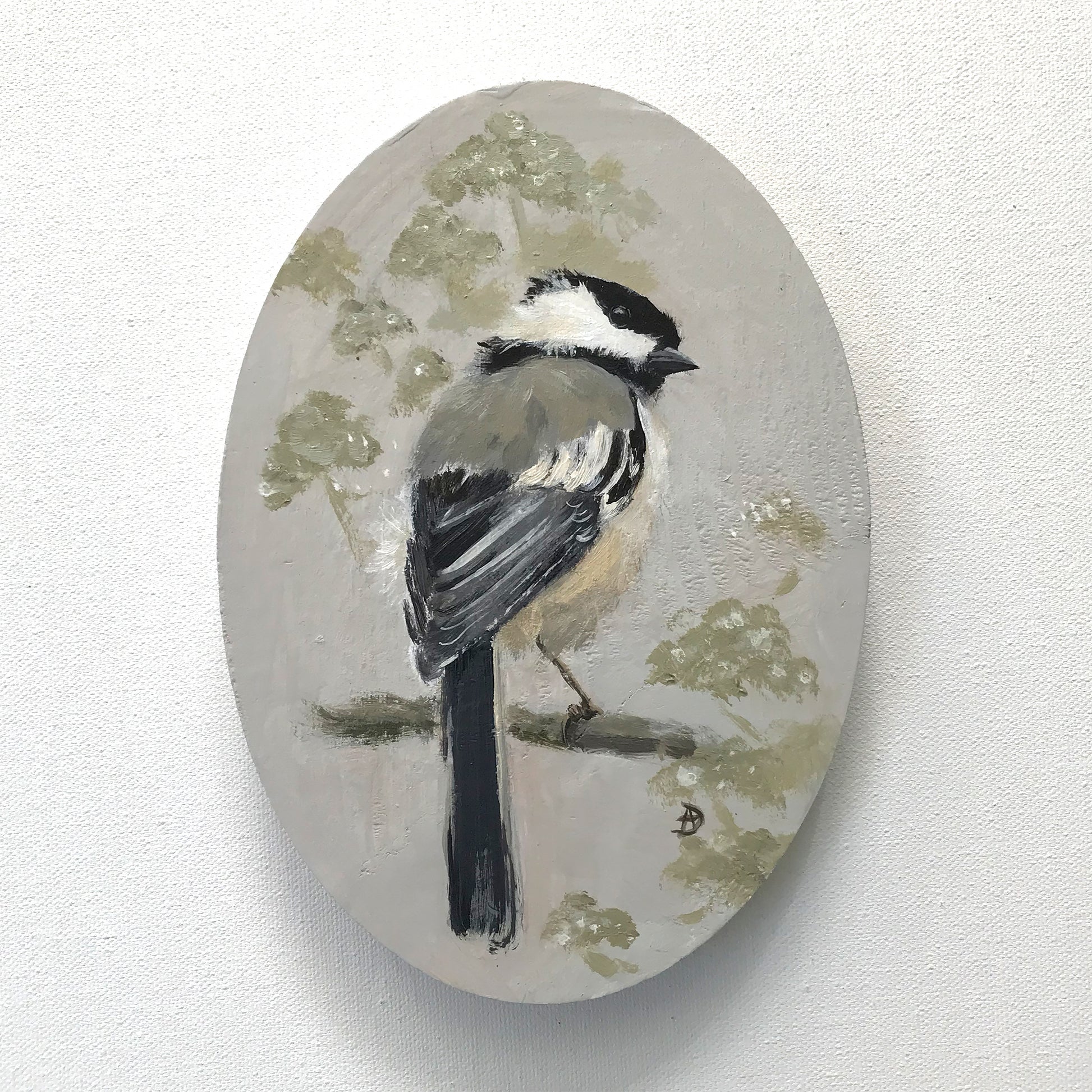 Chickadee acrylic painting on wood, by Andreea Dumez