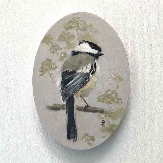 Chickadee acrylic painting on wood, by Andreea Dumez