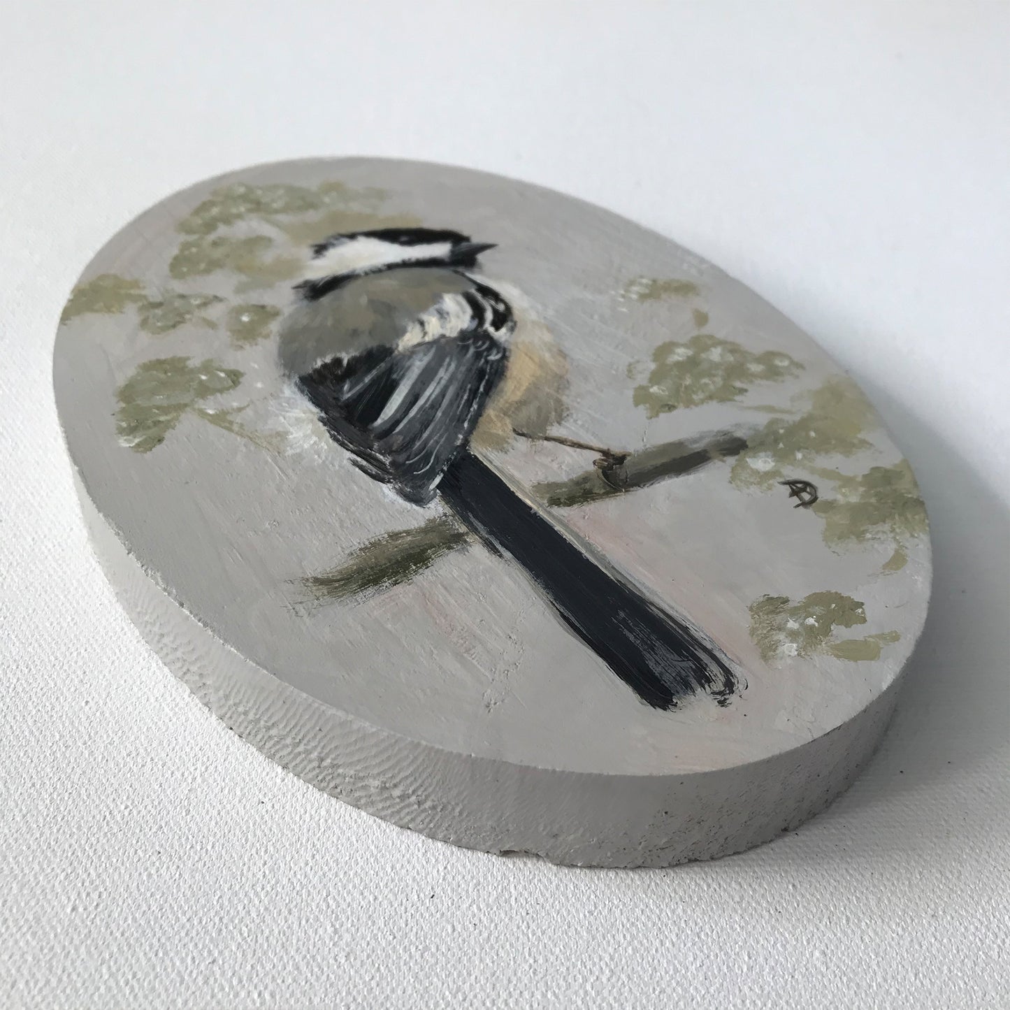 Detail of Chickadee acrylic painting on wood, by Andreea Dumez