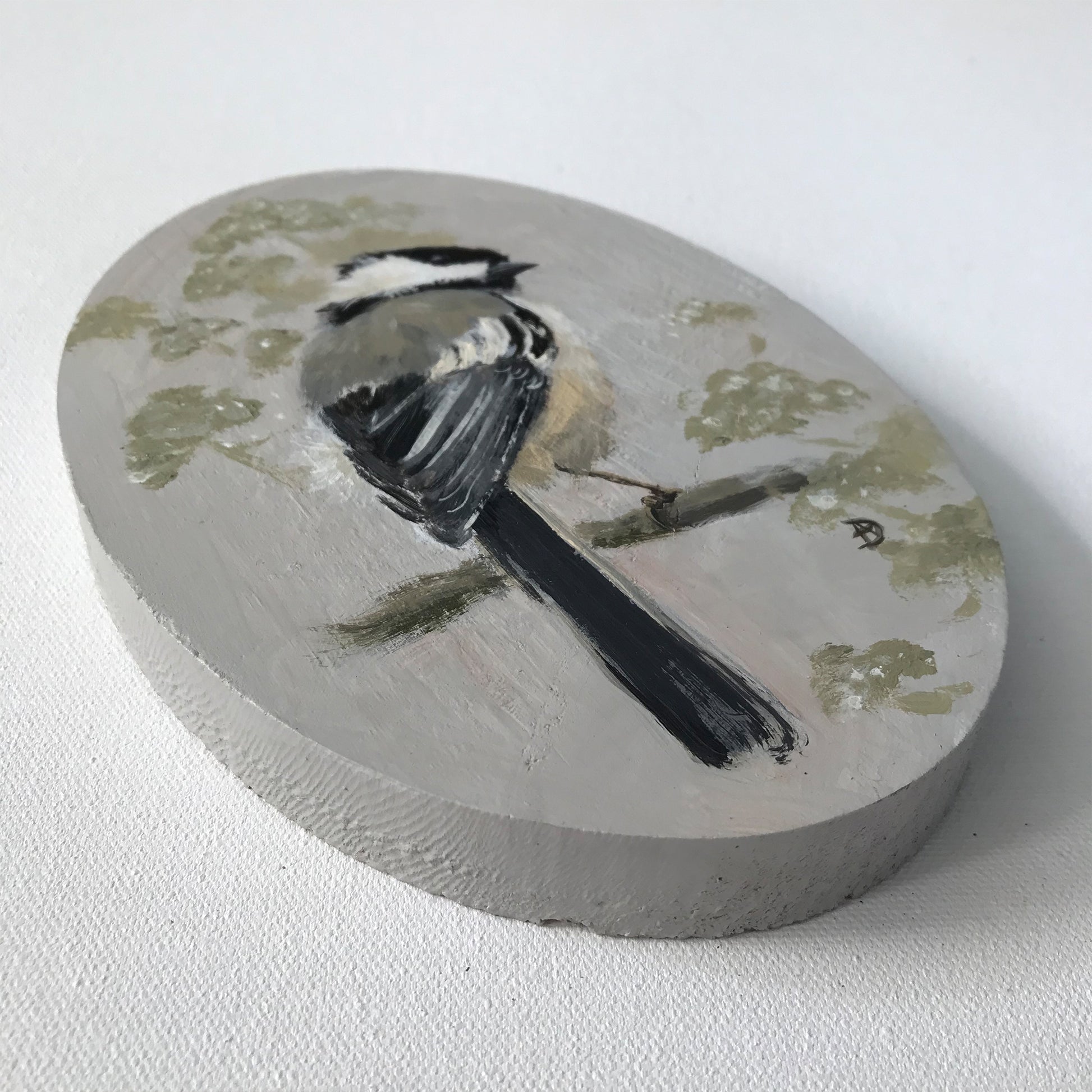 Detail of Chickadee acrylic painting on wood, by Andreea Dumez