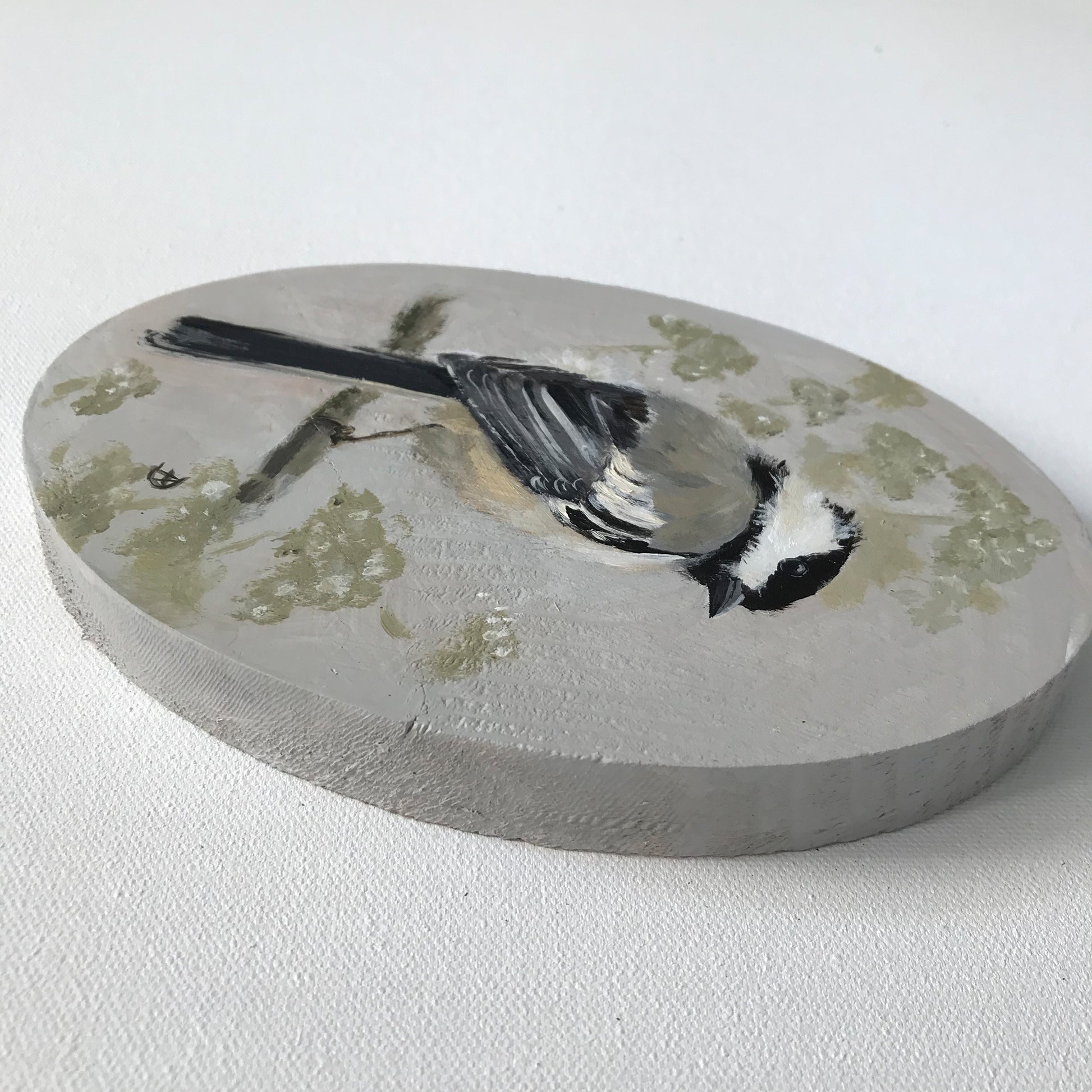 Detail of Chickadee acrylic painting on wood, by Andreea Dumez