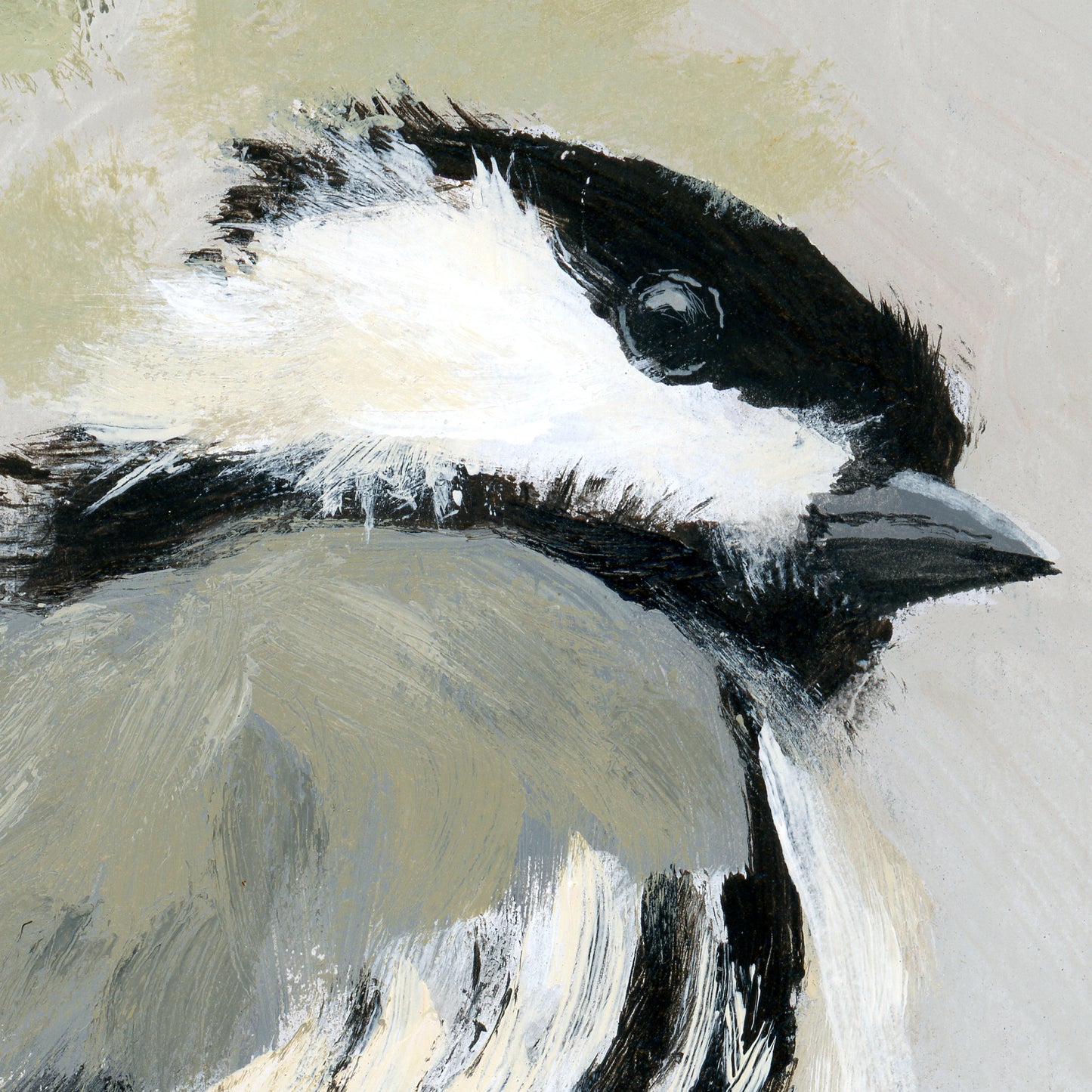 Detail of Chickadee acrylic painting on wood, by Andreea Dumez