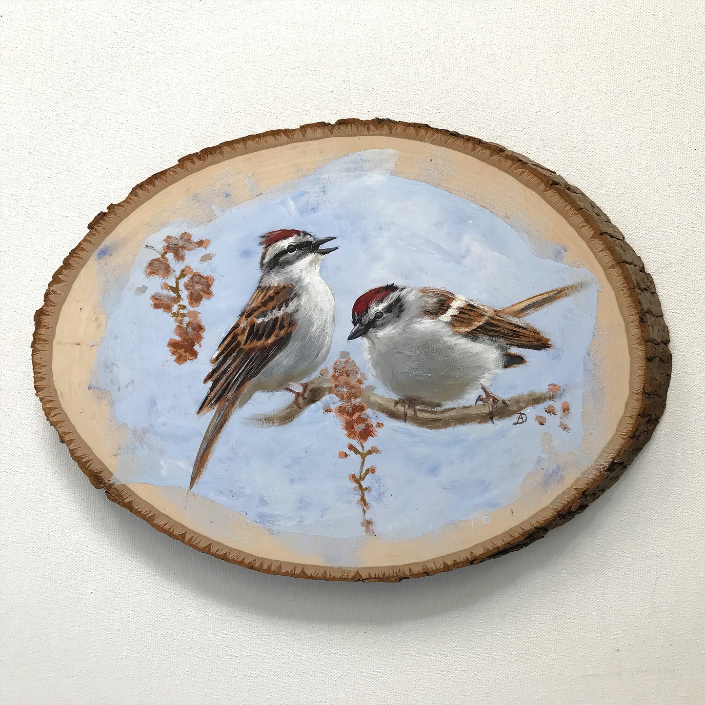 Chipping Sparrows - Original acrylic painting on basswood, by Andreea Dumez