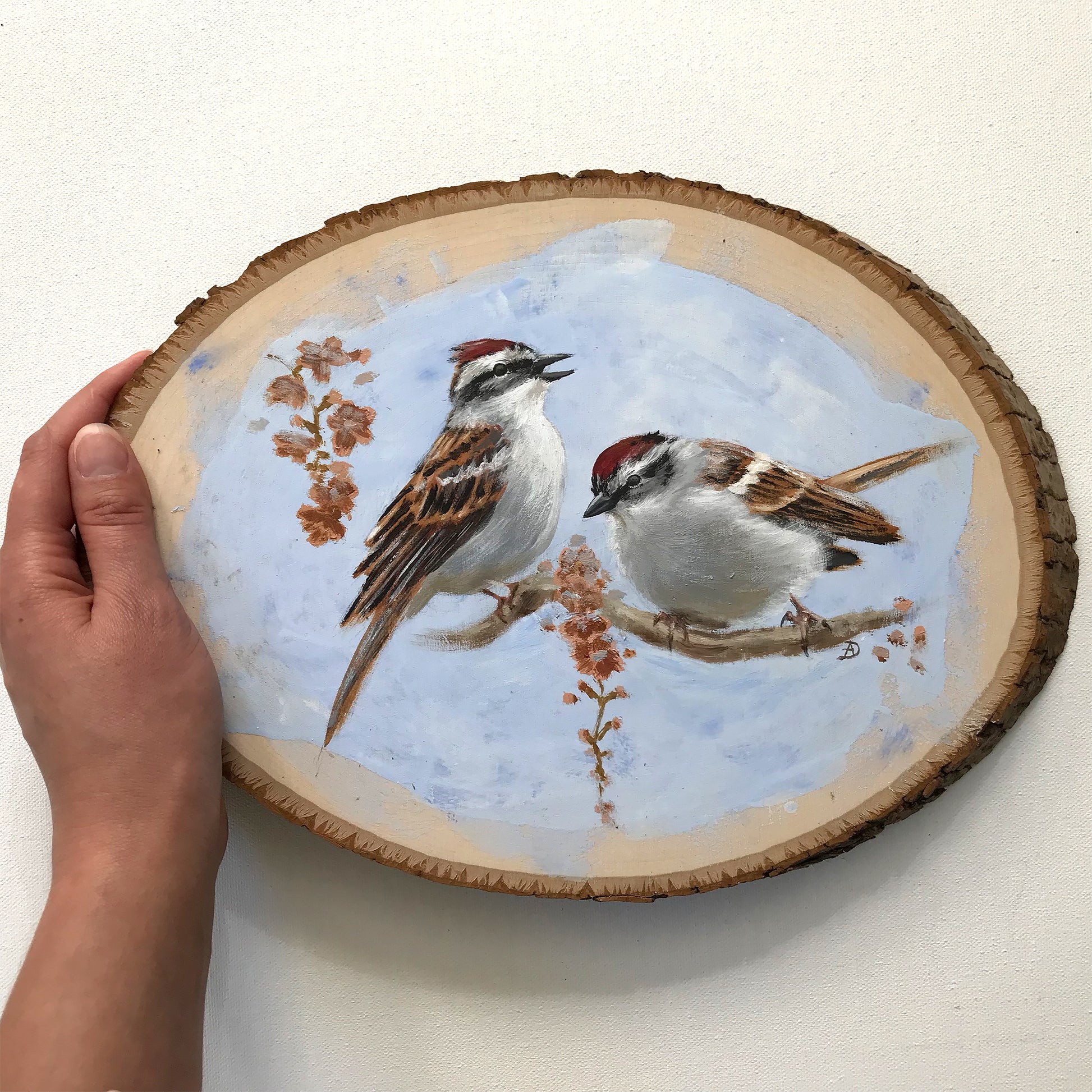 Chipping Sparrows - Original acrylic painting on basswood, by Andreea Dumez