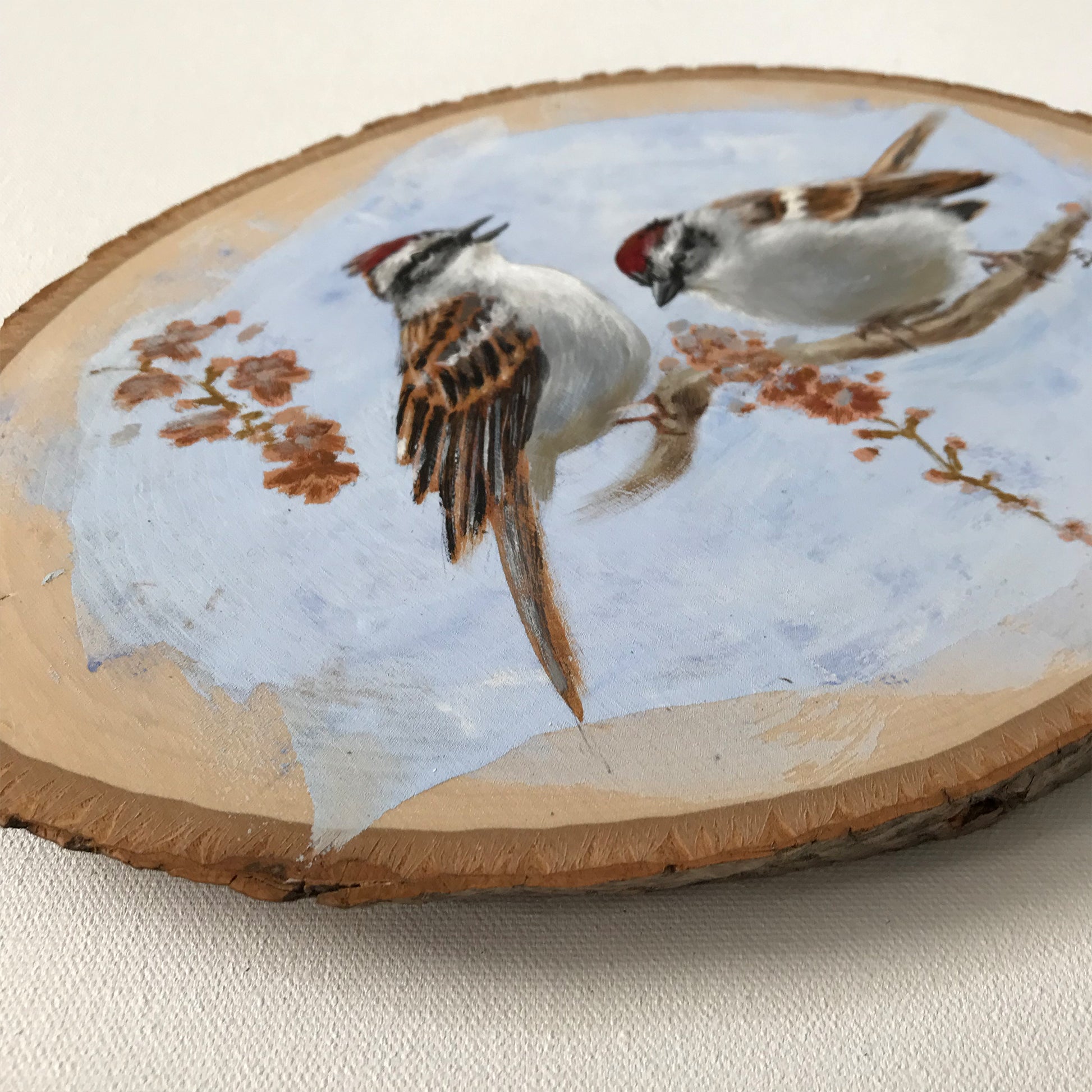 Detail of Chipping Sparrows - Original acrylic painting on basswood, by Andreea Dumez