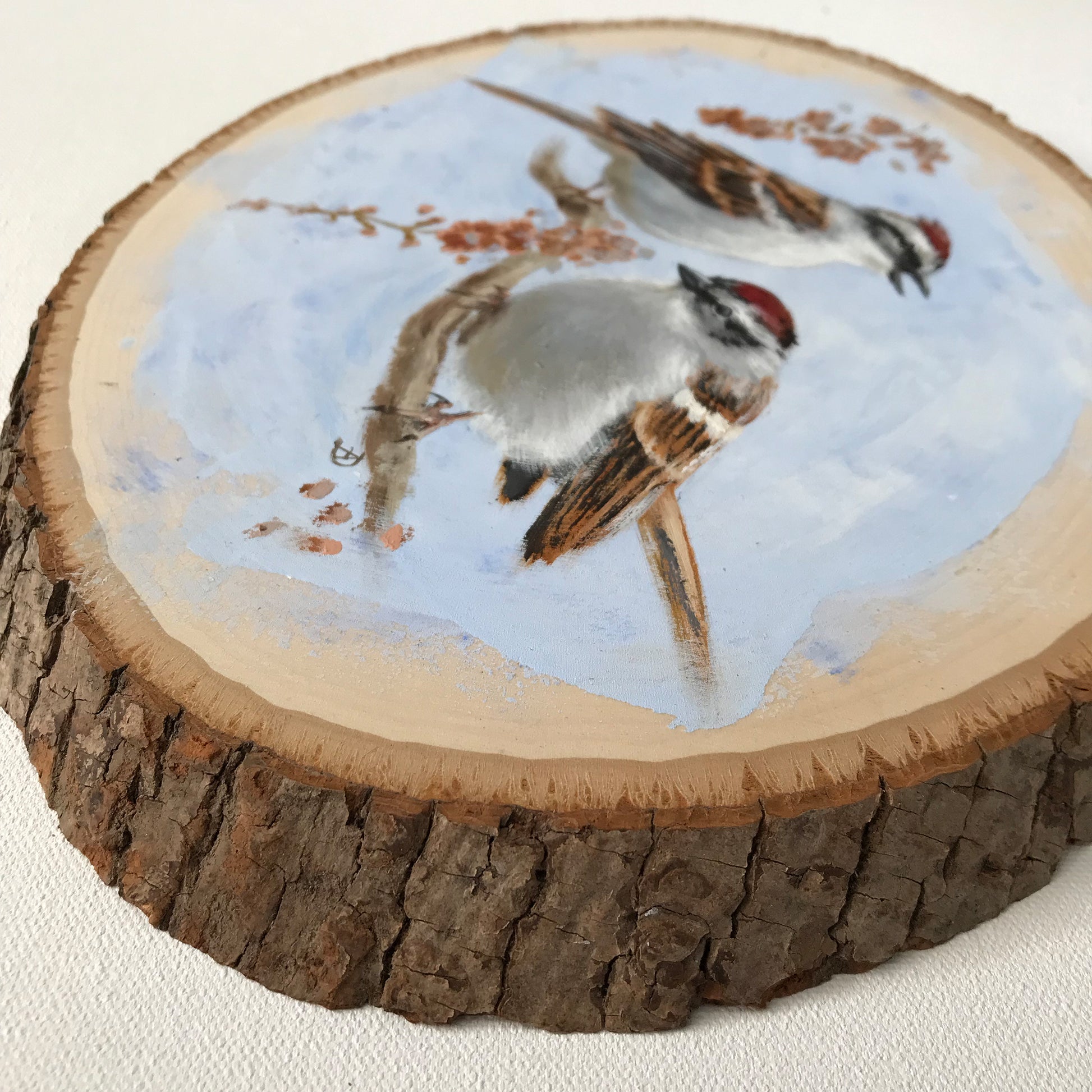 Detail of Chipping Sparrows - Original acrylic painting on basswood, by Andreea Dumez