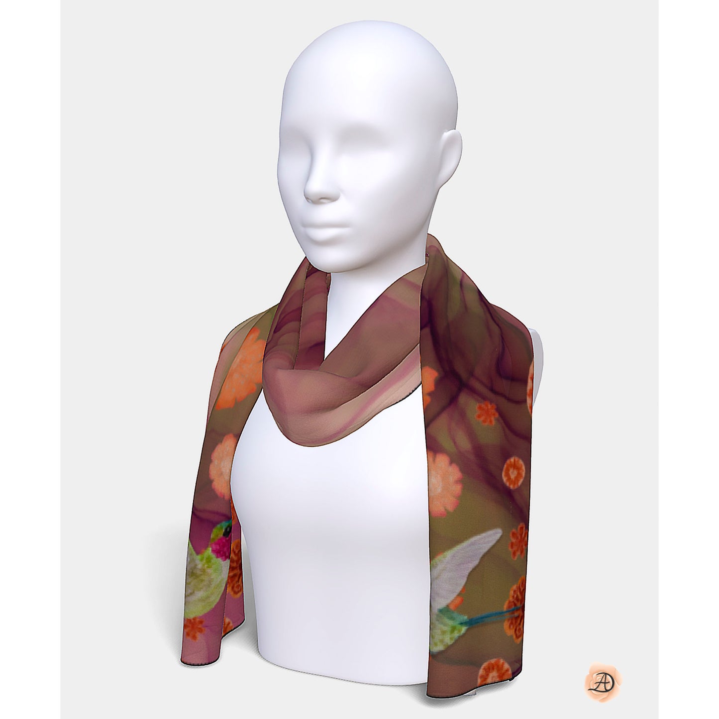 Mannequin wearing a floral silk scarf with a white background. Unique, artist-made silk scarf suitable for client appreciation gifts and luxury corporate gifts. 