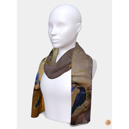 Mannequin wearing a floral scarf with a white background. Unique silk scarf suitable for client appreciation gifts and luxury corporate gifts. 