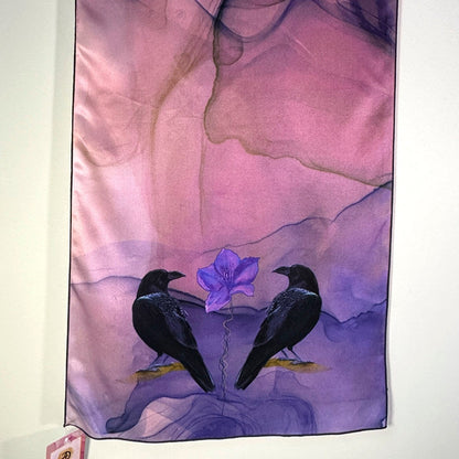 Silk scarf with purple and pink abstract design and two black crows