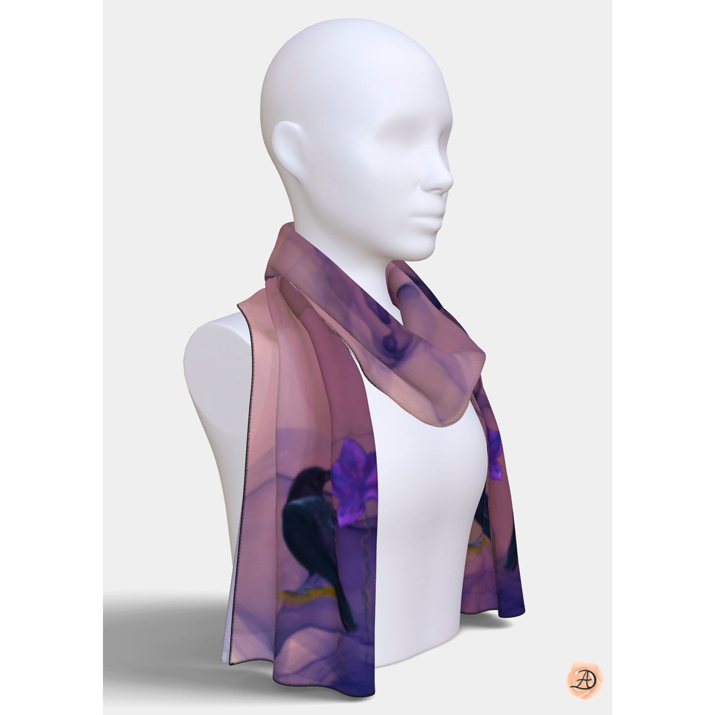 Mannequin wearing a purple scarf with crow birds design on a white background. Unique silk scarf suitable for client appreciation gifts and luxury corporate gifts. 