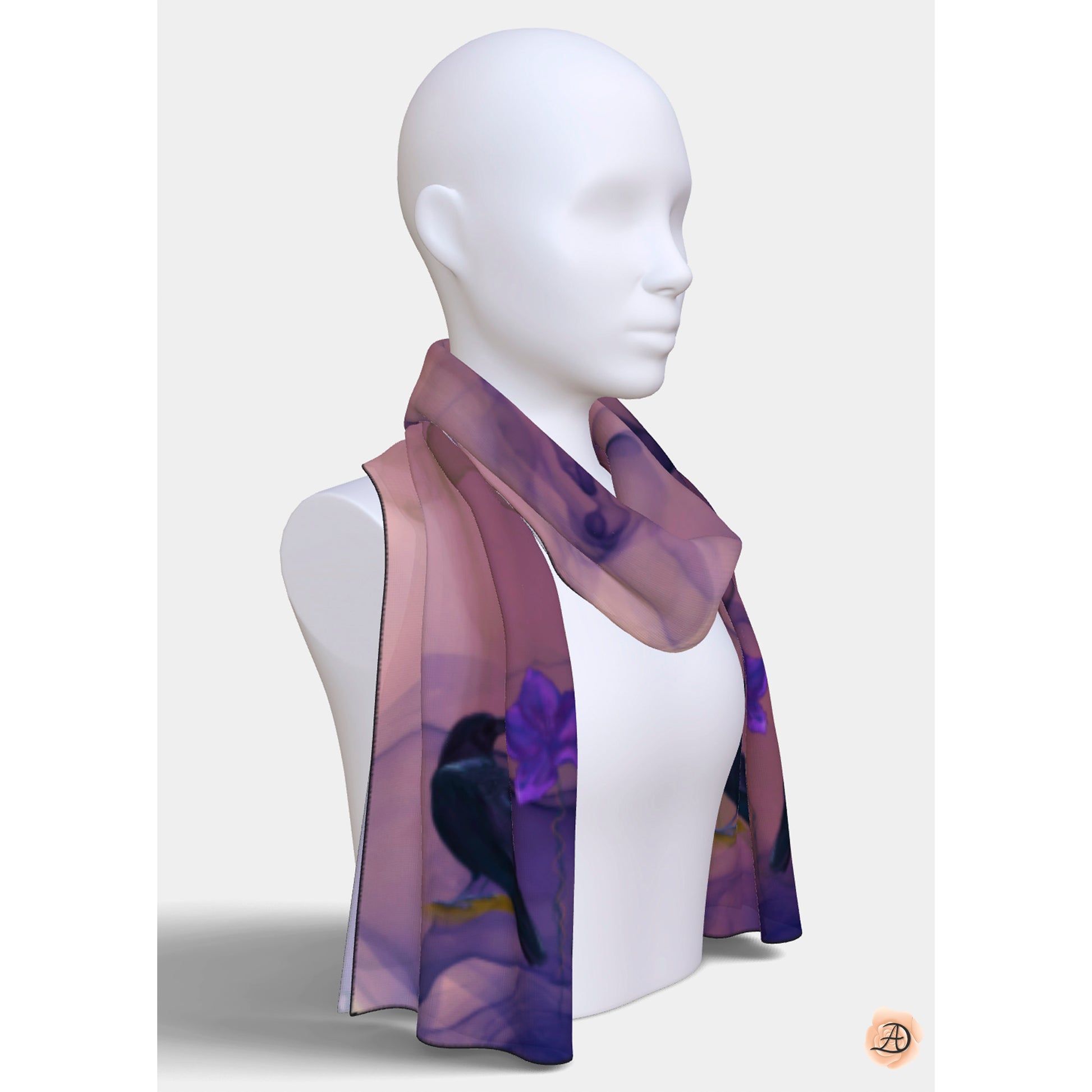 Mannequin wearing a purple scarf with crow birds design on a white background. Unique silk scarf suitable for client appreciation gifts and luxury corporate gifts. 